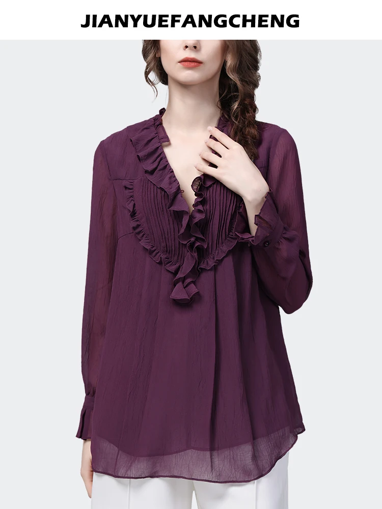 Loose-fitting Purple Ruffles Chiffon Blouse Women\' 2024 Spring Summer Tops Long Sleeve V-Neck Fashion Casual Office Lady Blous