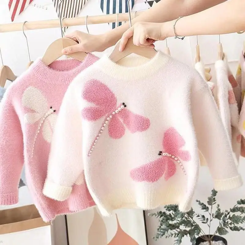 

Girls' Sweater Autumn/Winter New Collection Children's Thick Mink Fleece Bottom Knitted Sweater Warm Top