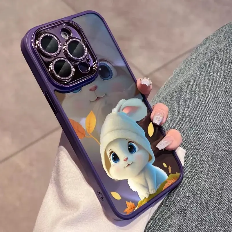 光沢のあるウサギの形をした電話ケース,女性用のシンプルな耐衝撃性バックカバー,ピンク,iPhone 13,14,15,pro max plus,ラグジュアリー