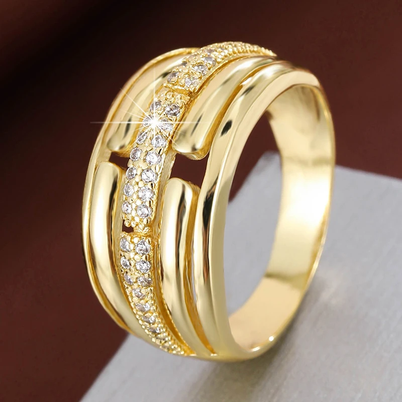 Fashionable Multi-Layer Design Women'S Copper Ring With Synthetic Zirconia
