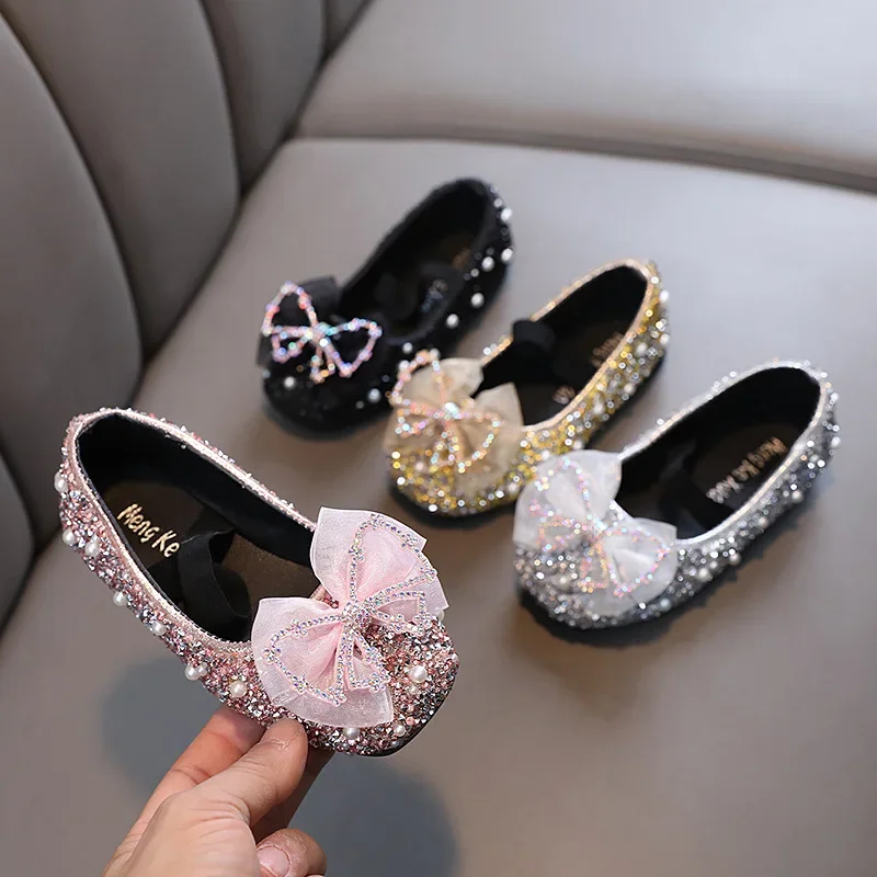 Girls Princess Shoes Glitter Luxury Party Shallow Children Ballet Flats 21-36 Elastic Band Fashion Lace Bowknot Kids Dance Shoes