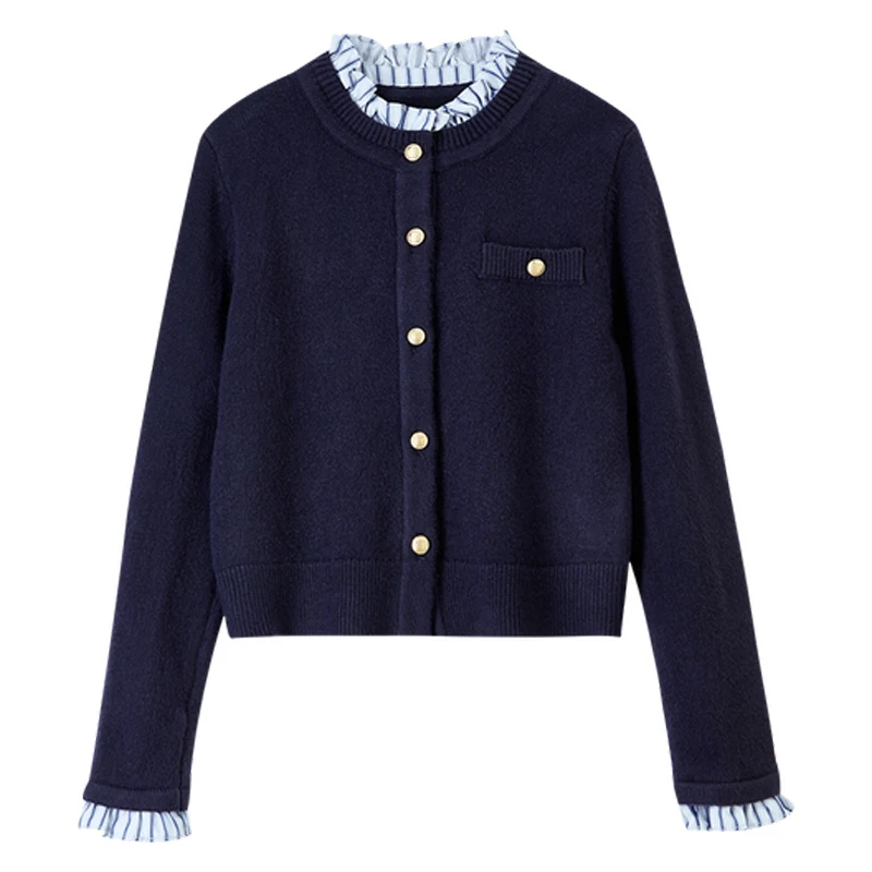 SENTUBILA Navy Blue Cardigan For Women 2025 New Knit Patchwork 2 In 1 Single Button Ruffled Collar Female Jumpers W53H80402
