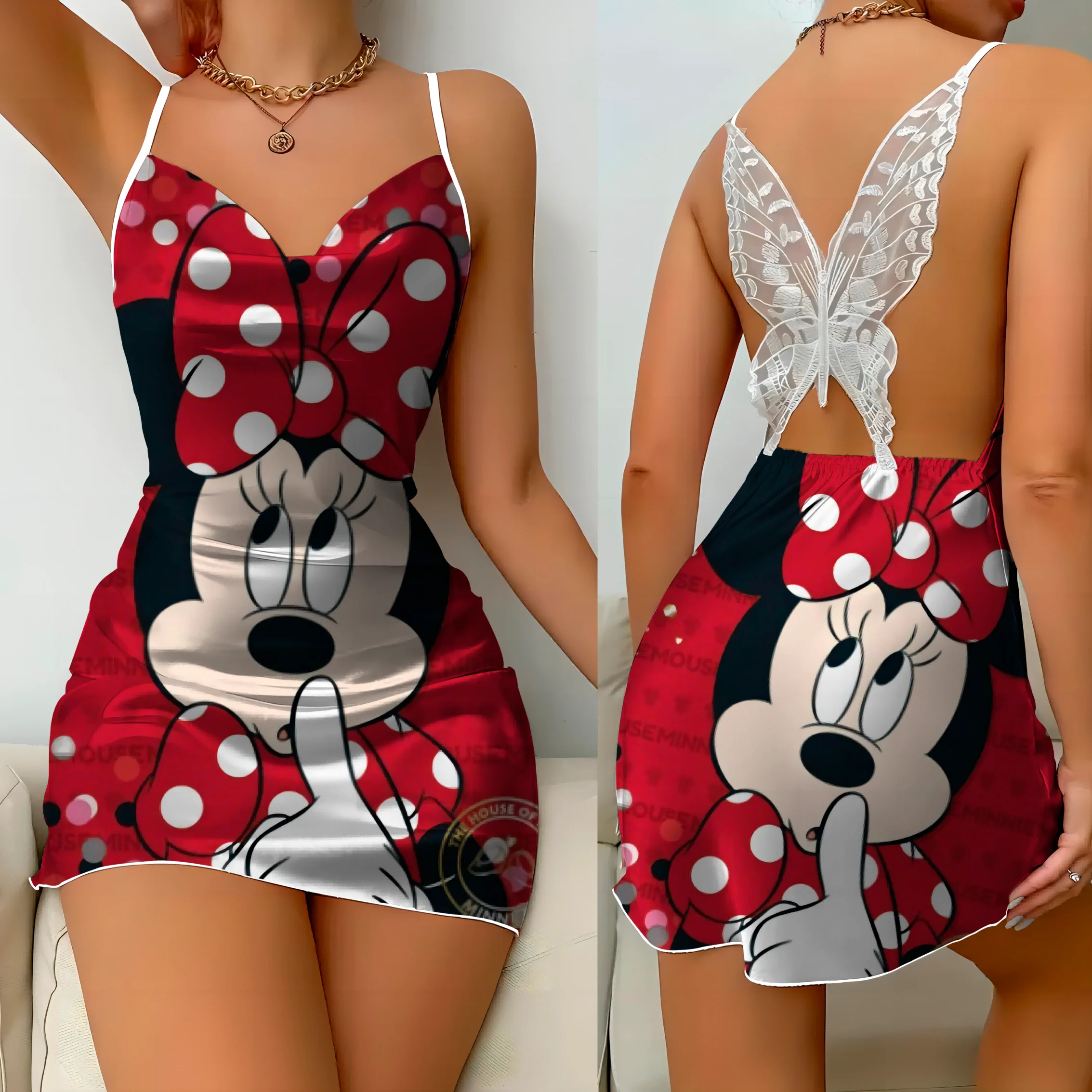 

Mickey Disney Elegant Dresses for Women Bow Knot Satin Surface Minnie Mouse Backless Dress Pajama Skirt Womens Party Mini Sexy