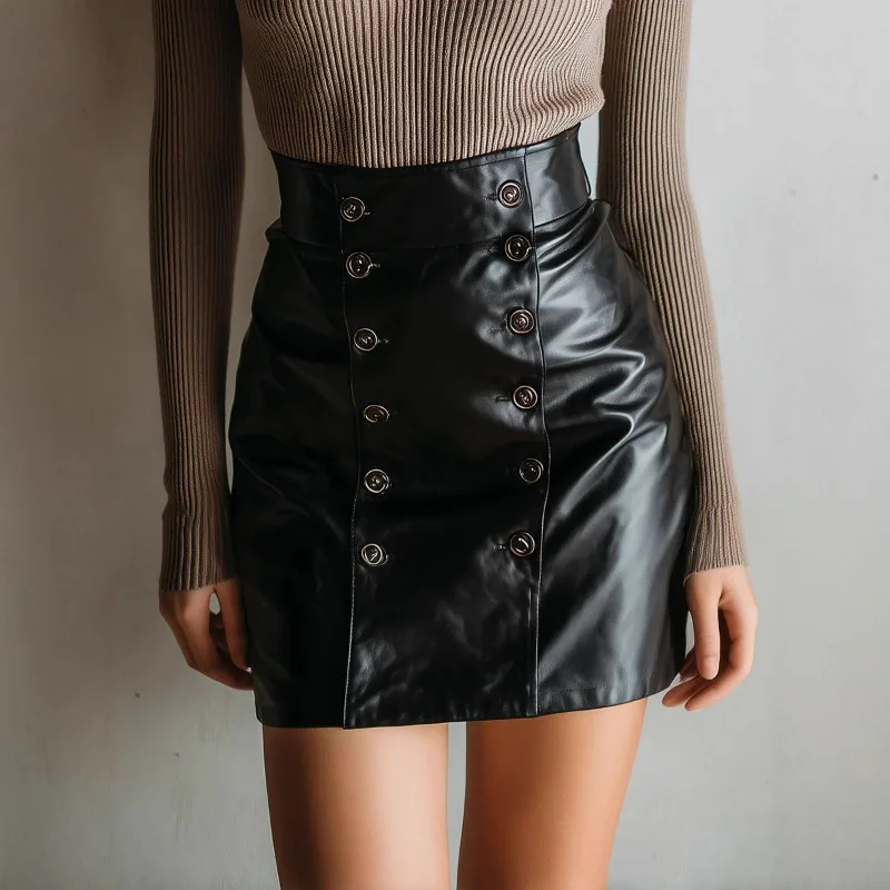 New Type of European and American Skirt with Double-breasted Design Made of PU Leather Sexy Fashionable Skirt Fits The Buttocks