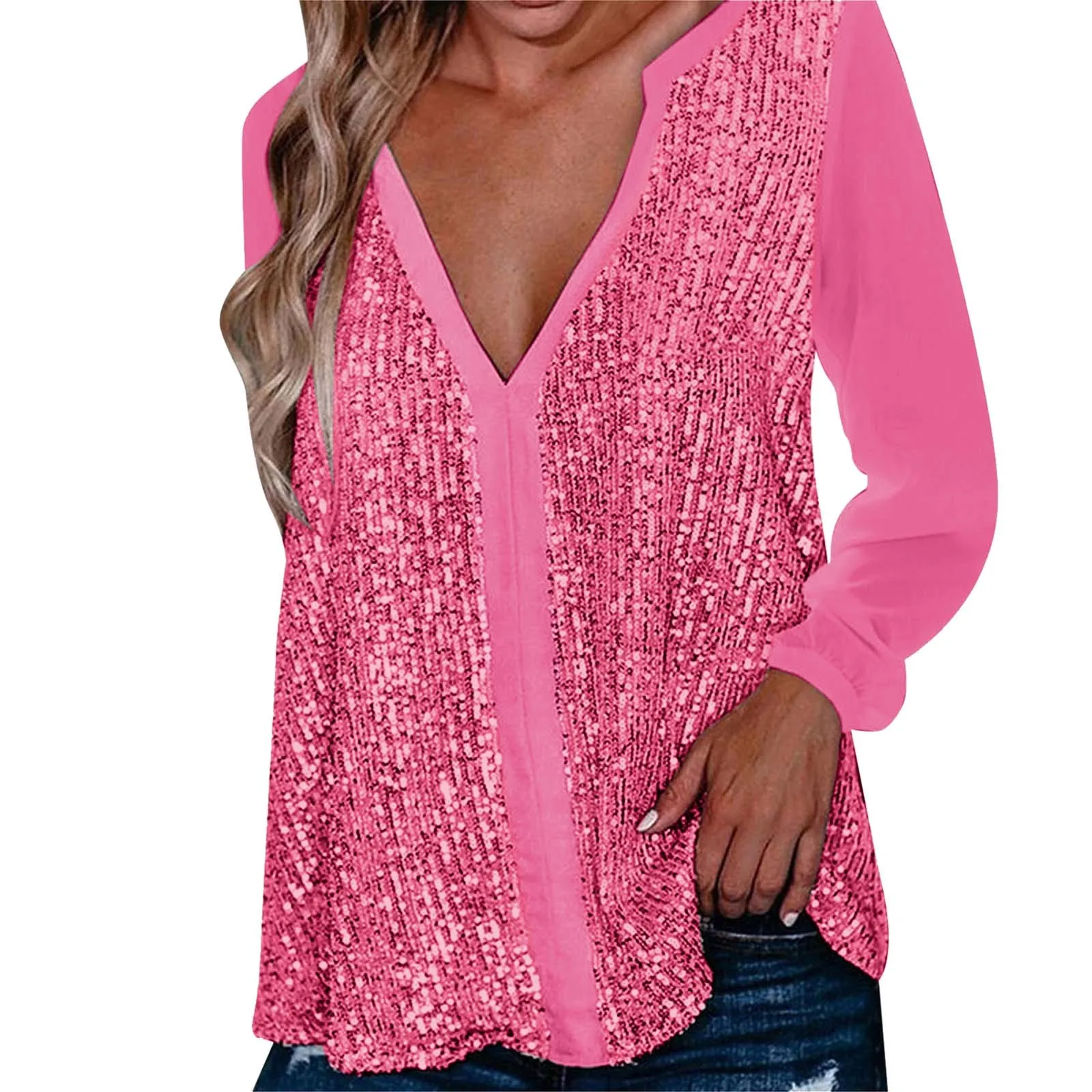 Women Sexy V Neck Sequin Pullover Solid Color Long Sleeve Fold Elegant Casual Blouse Ladies Party Tops Sequin Slim T Shirt