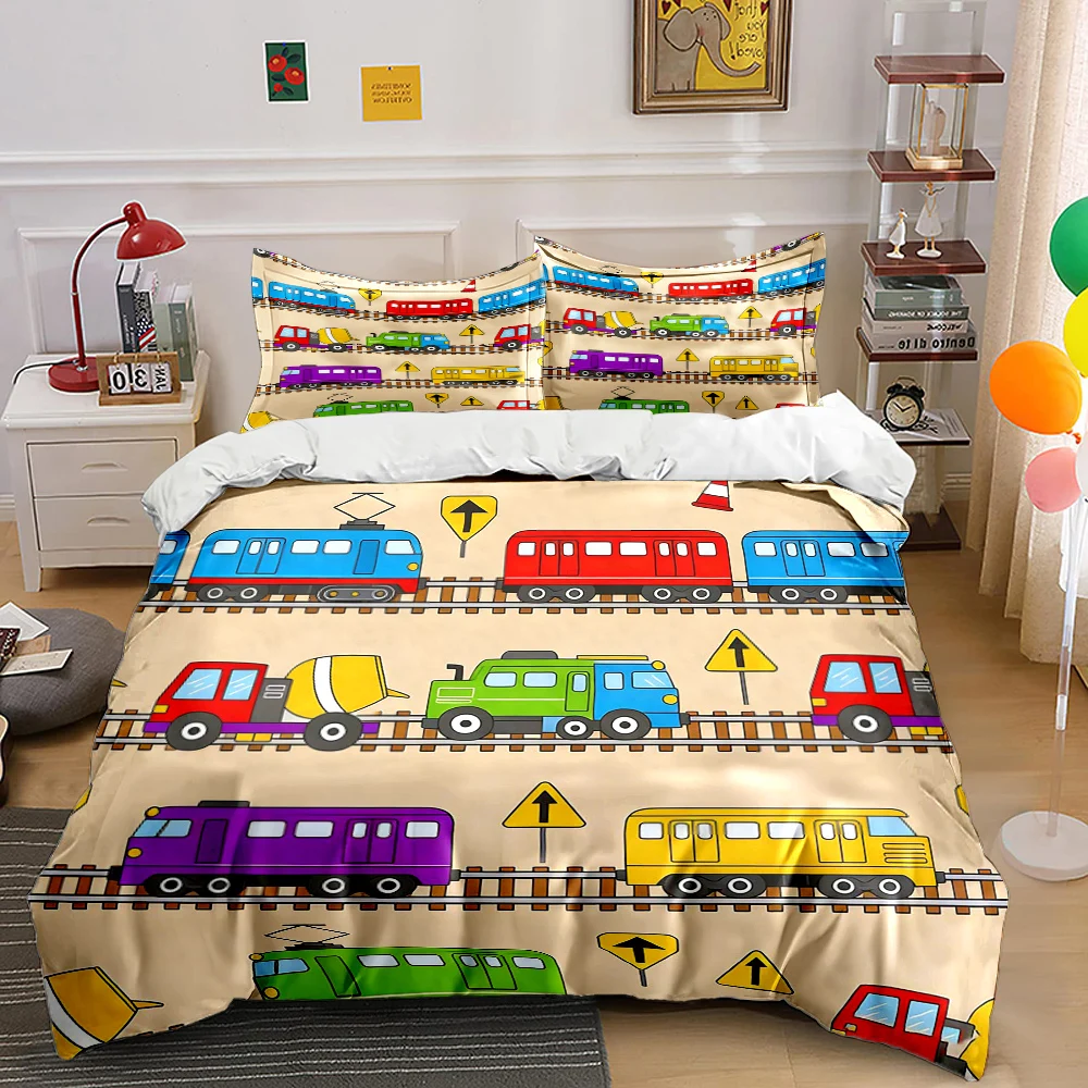 Colorful Trains and Traffic Signs Background Print Bedding Set 1 Duvet Cover 2 Pillowcases for Adult and Children Luxury Gift