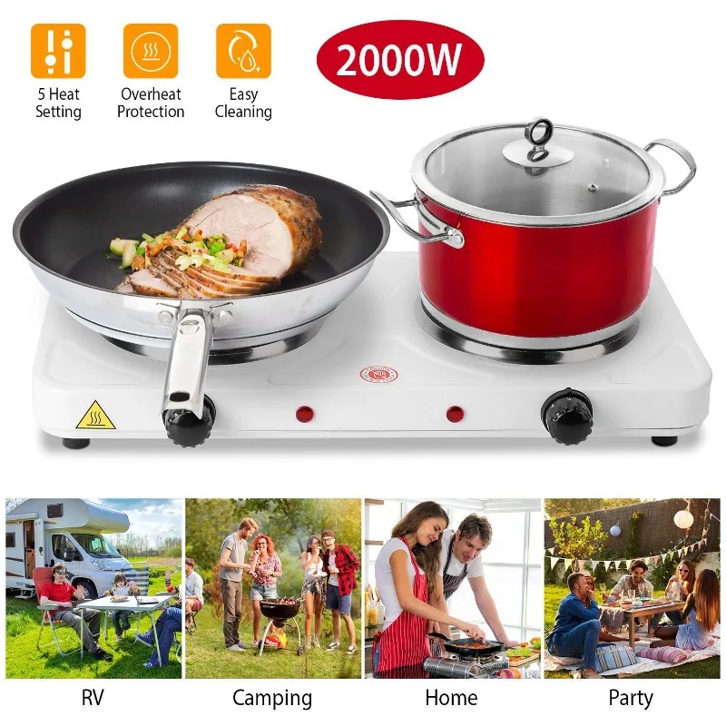 Powerful 2000W Double Electric Burner - Portable Dual Countertop Hot Plate with 5 Gear Temperature Control