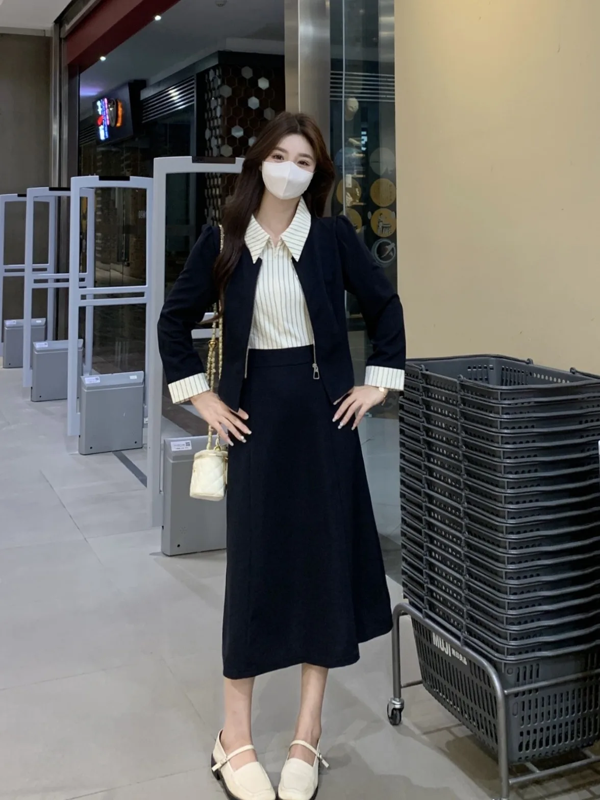 

plus Size Women's Casual Striped Color Blo Open Cardigan Jaet And High Waist Skirt Set Autumn Faion plus Size Outfits