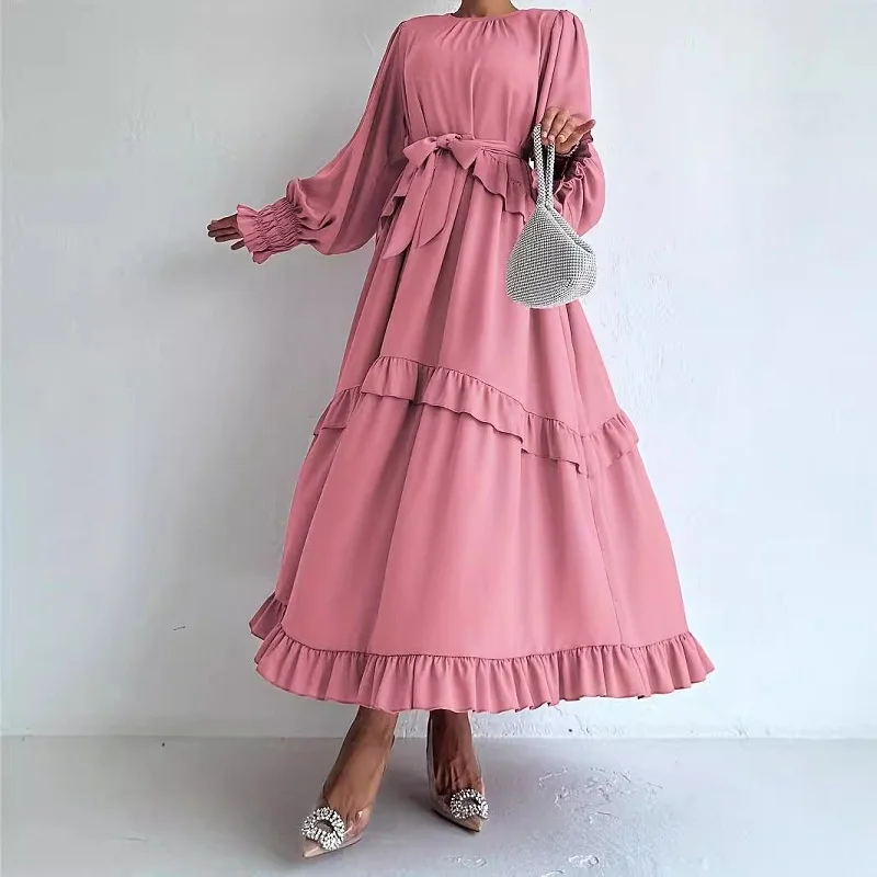 Fashion Women\'s O-neck Ruffle Party Dress 2024 Autumn Casual Lace Up Solid Color Party Dress Elegant Long Sleeved Loose Dresses