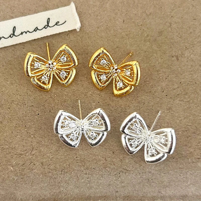 

PONYKISS 925 Sterling Silver 18K Gold Zircon Hollow Bowknot Stud Earrings for Women Minimalist Fine Jewelry Cute Accessories