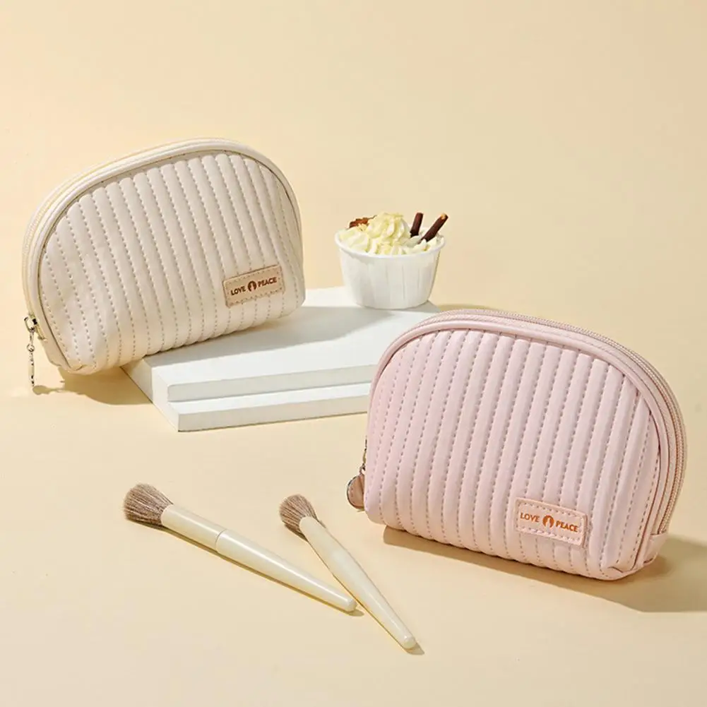 Cosmetic Bag Portable Smooth Zipper Cream Texture Faux Leather Lipstick Eye Shadow Makeup Brush Storage Pouch for Daily Use