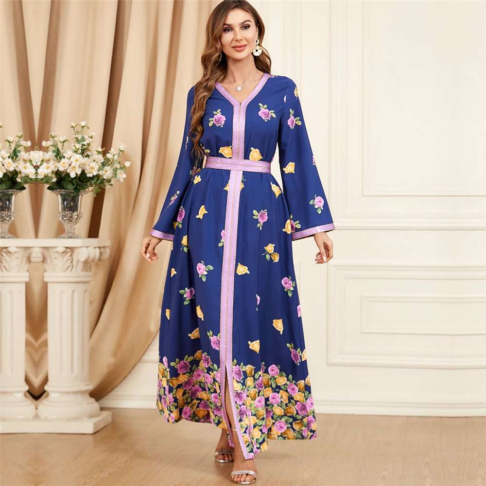 Printed Abaya for Women Braided Trim Islamic Long Dress Belted Moroccan Kaftan Muslim Dubai Arabic Evening Dresses Gulf Jalabiya