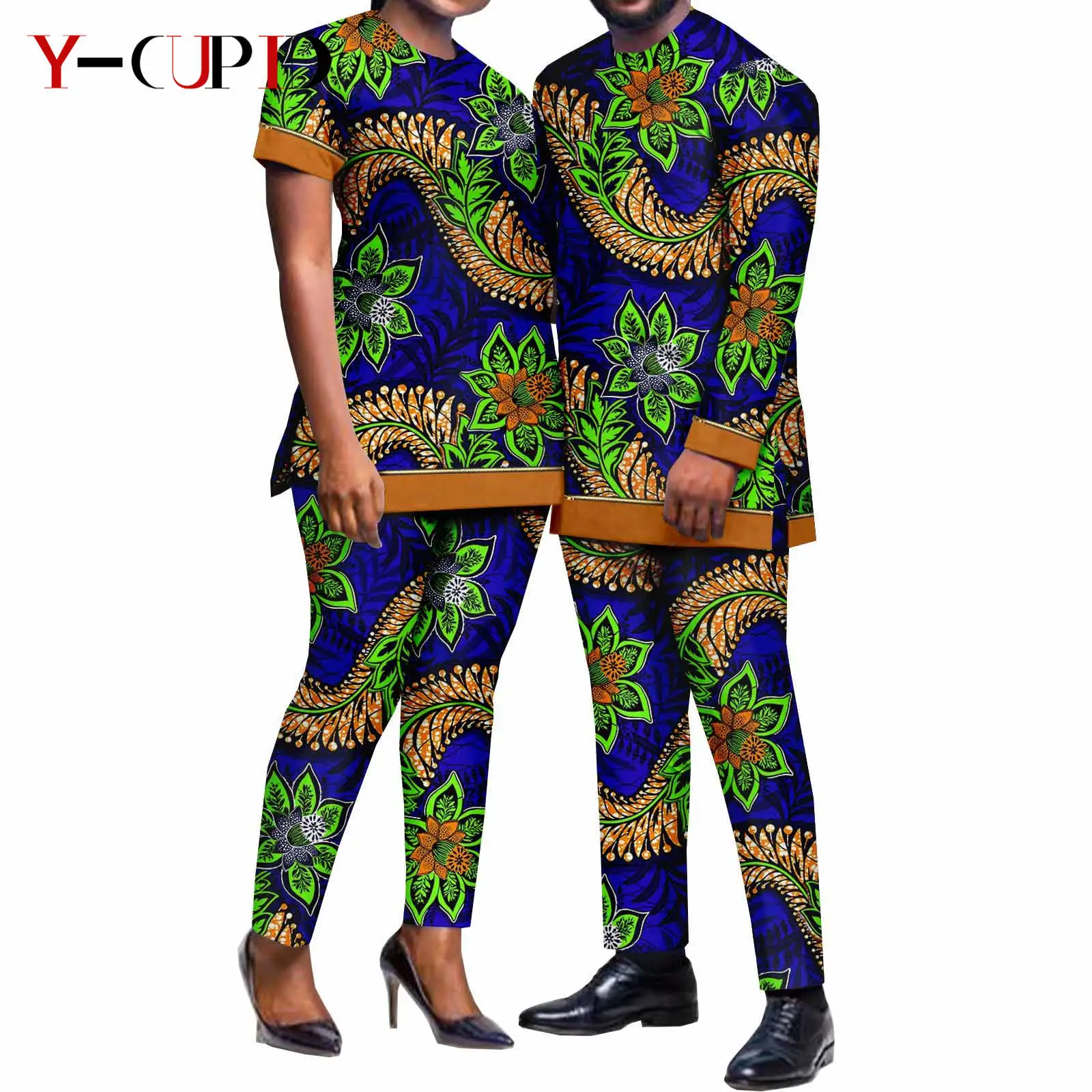 African Men Suits Dashiki Patchwork Zipper Print Top and Pant Sets Matching Women Outwear Bazin Riche Couples Outfits Y23C020