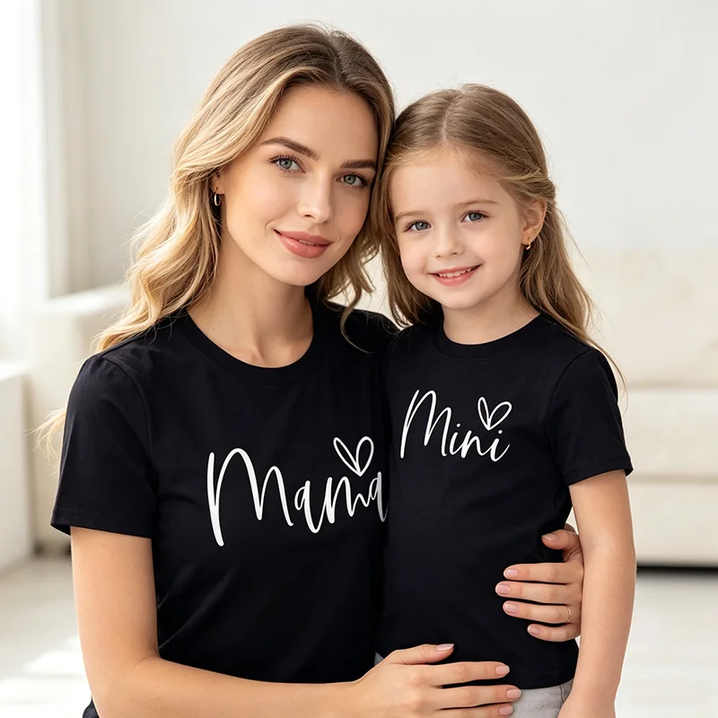 Mama Mini Heart Letter Print Mom Daughter Matching T-Shirt Mommy and Me Family Matching Short Sleeve Tops