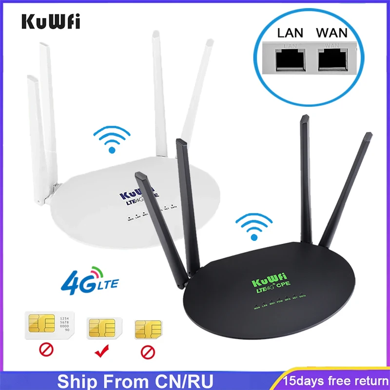 

KuWfi 4G Wifi Router 150Mbps CPE Router Wireless Router CAT4 with Sim Card Slot RJ45 WAN LAN Port High Gain External Antenna