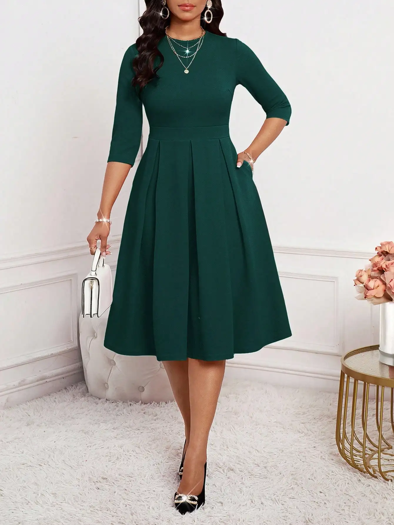 

Deep Green Pleated A-Line Midi Dress With 3/4 Sleeves For Office Party Formal Occasions