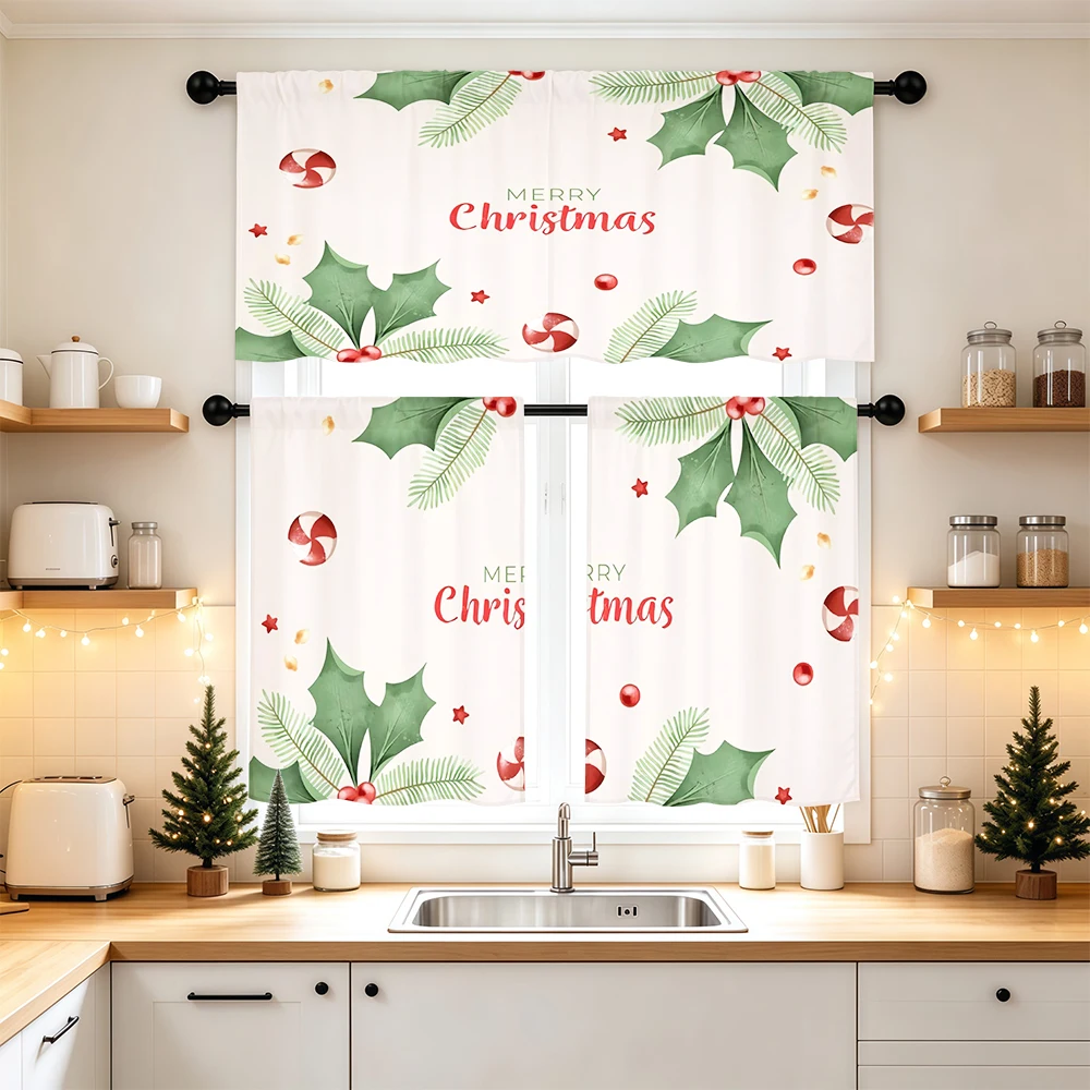 Christmas Kitchen Curtains, Holly Candy Cane Peppermint, Digital Print, Kitchen Dining Room, Rod Pocket Polyester, Home Decor