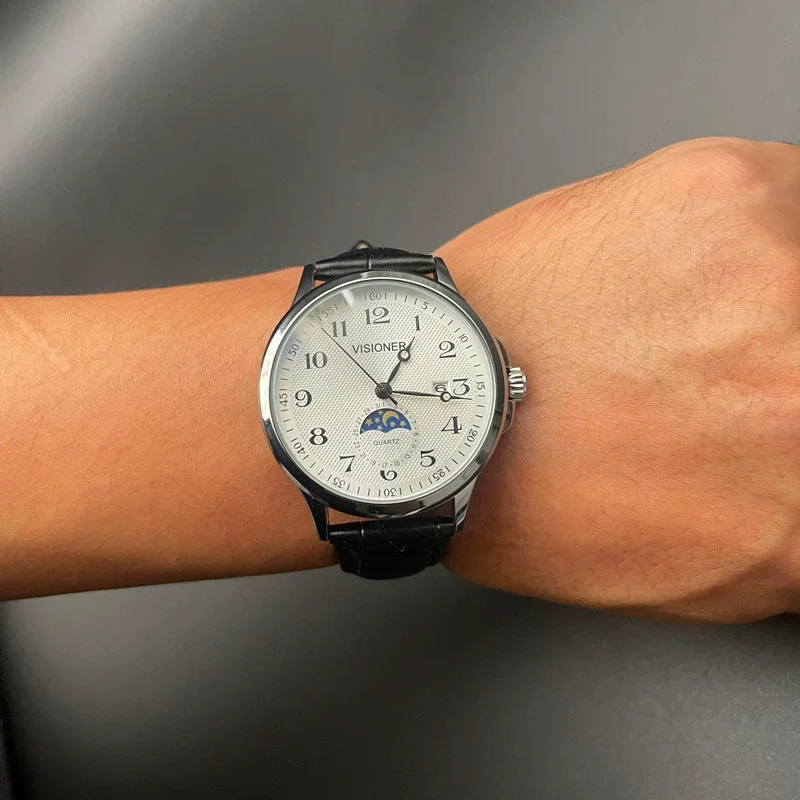 

Новинка 2025, мужские кварцевые часы, повседневные модные часы Sun Moon Star, необычные круглые мужские часы с календарем из нержавеющей стали, кожаный ремешок