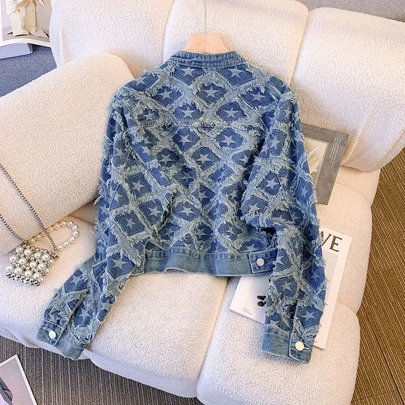 Autumn All Match Design Vintage Women Clothing Small Fragrance Y2k Jackets Crop Top Tassel Star Print Single Breasted Denim Coat