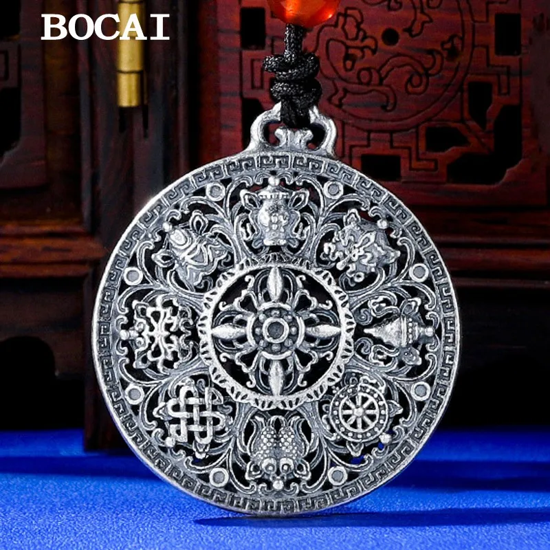 

BOCAI New S999 Sterling Silver Retro Hollow Out Eight Auspicious Treasures Six Character Mantra Pendant Gift for Men and Women