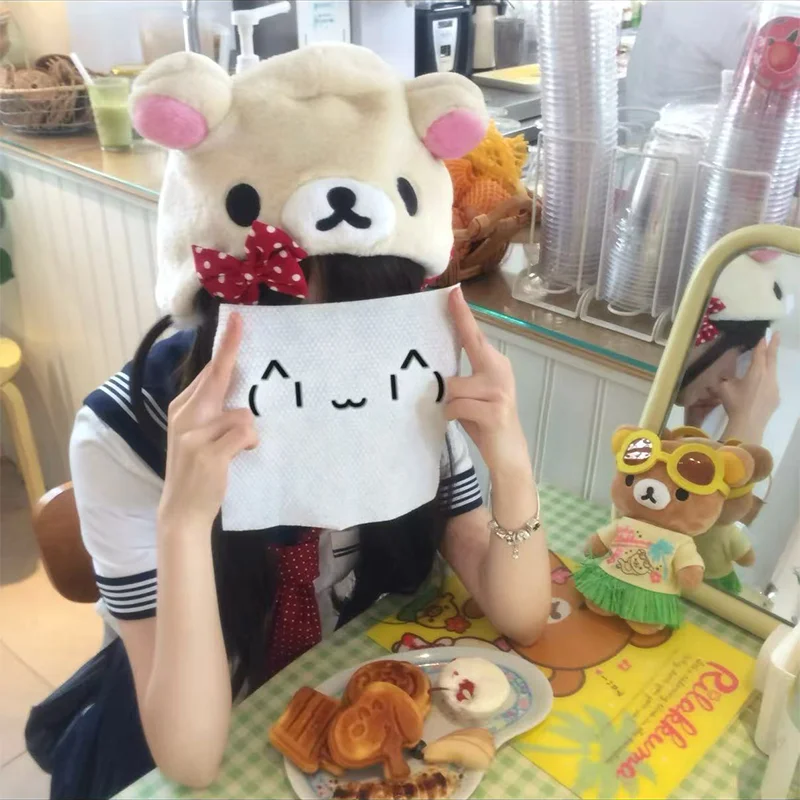 

Мультфильм Rilakkuma Korilakkuma ‌ Теплая шапка с медведем, кавайная фигурка, осень-зима, защита от холода, защита ушей, капюшон для девочек, рождественский подарок