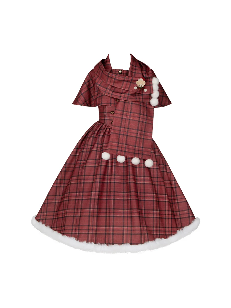 LolitaVintage الأحمر منقوشة قصيرة هيكل السمكة الصدر دعم فستان للنساء وشاح على غرار كيب Twinset الخريف الشتاء لوليتا الملابس