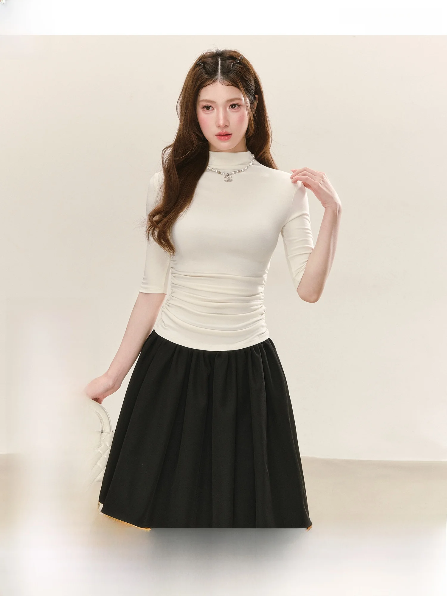 

Soft Skin-Friendly Pure Color Versatile Knitwear Spring Waist-Cinching Slimming Design Mid-Sleeve Base Shirt Women