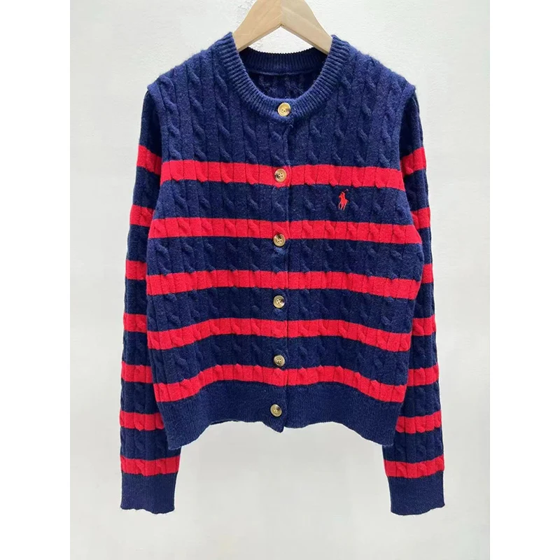 Autumn Winter Vintage Stripe Knitted Cardigan Women Sweater Fashion Knitted Chic Embroidery Knitwear