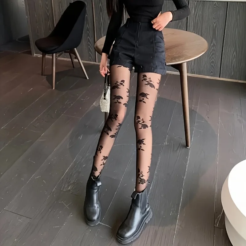 1 Pair Ladies Elegant Retro Rose Print Stretch Leggings with Floral Design Perfect for Casual or Dress Dress Tight Stockings