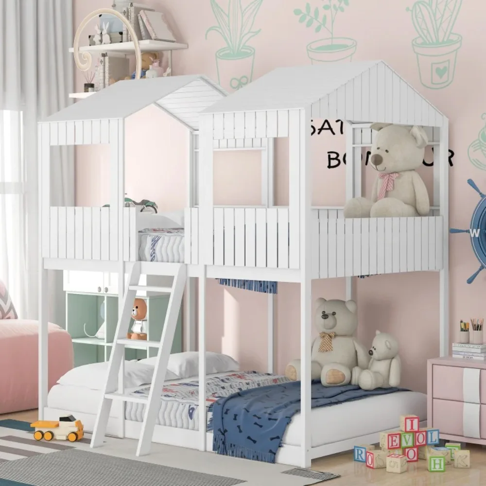 Full Over Full Wood Bunk Bed, modern and practical design for children's bed, double bed, fall protection, baby crib