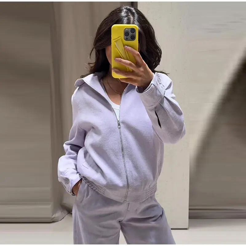 Damen-Hosenanzüge mit Rollkragen-Langarmjacken, Reißverschluss-Mänteln, Midi-Ballonhosen, Herbst-Outfits für Frauen, Einfarbig und Locker Geschnitten, Neu – Detail 3