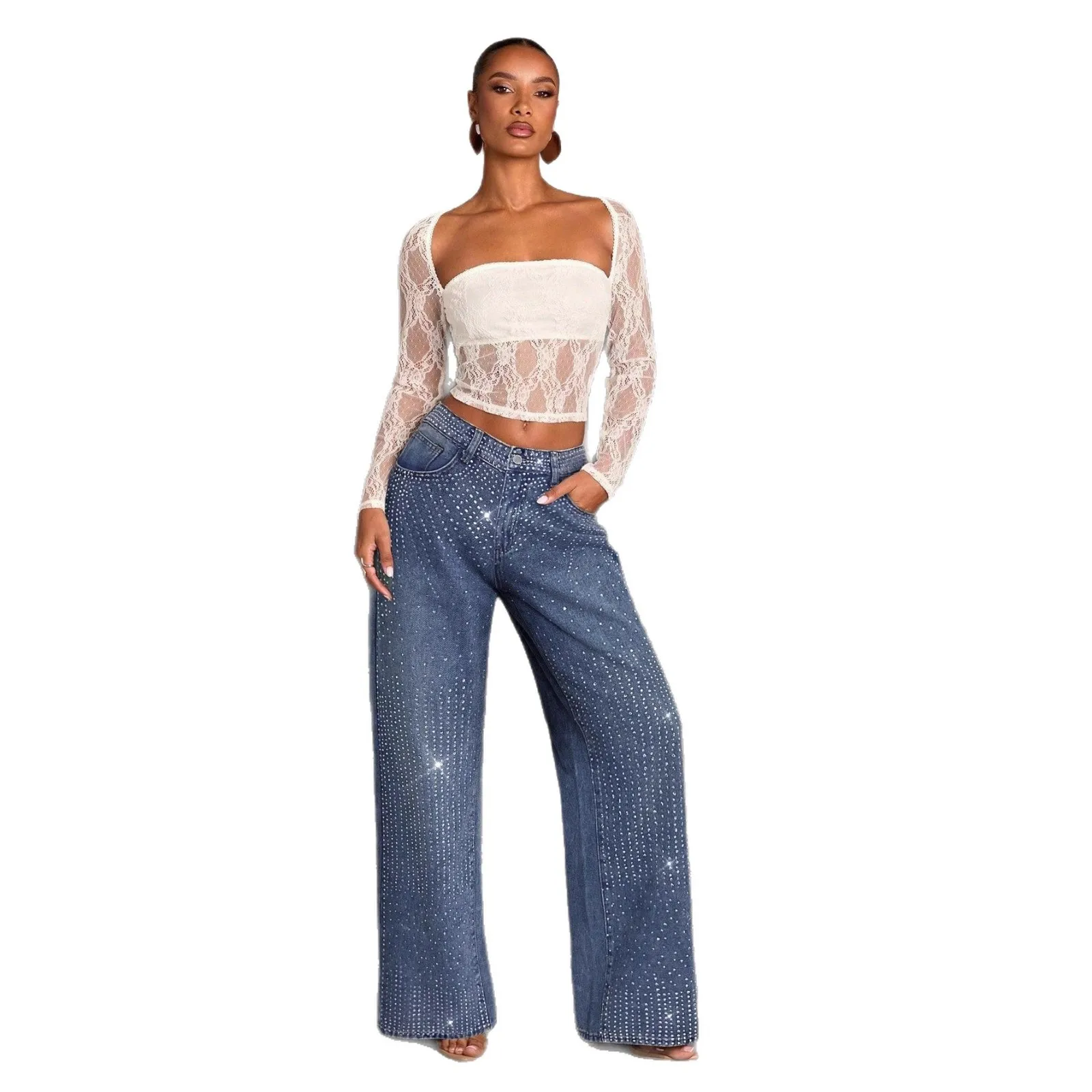 جينز نسائي بنطال ذو قصة أرجل واسعة ملابس الشارع الشهير غير النظامية الماس جيب الدنيم بانت تقسم زر بنطلون عادية مستقيم الخريف 2025 #4