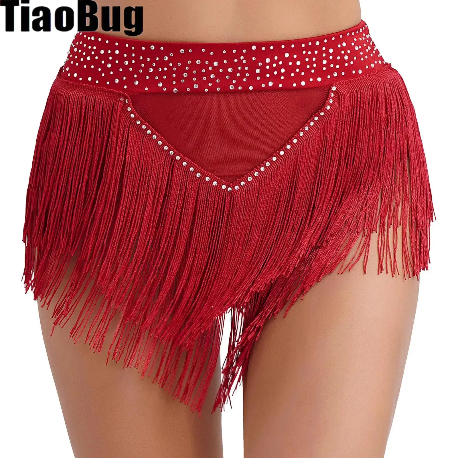 Womens Tassel Belly Dance Shorts Shiny Rhinestone Bottoms High Elastic See Through Mesh Briefs Underwear Samba Dancewear
