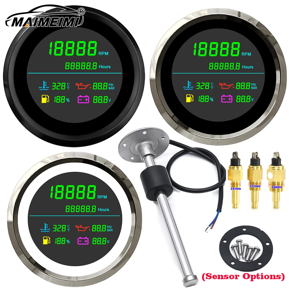85mm LCD Digital Engine RPM Gauge 6-IN-1 Tach Fuel Level Water Temperature For Gasoline Motorcycle Marine 0~190ohm Sensor 12V24V