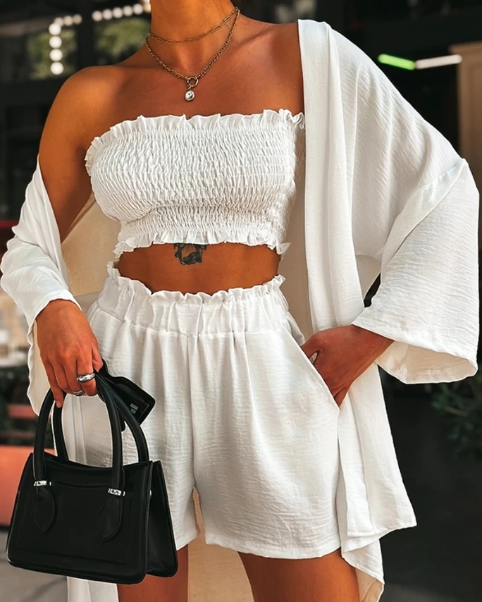 

Daily Vacation Suit Set Women 2024 Solid Color Shirred Frill Hem Bandeau Top & Pocket Design Shorts Set with Coat Shorts Outfits