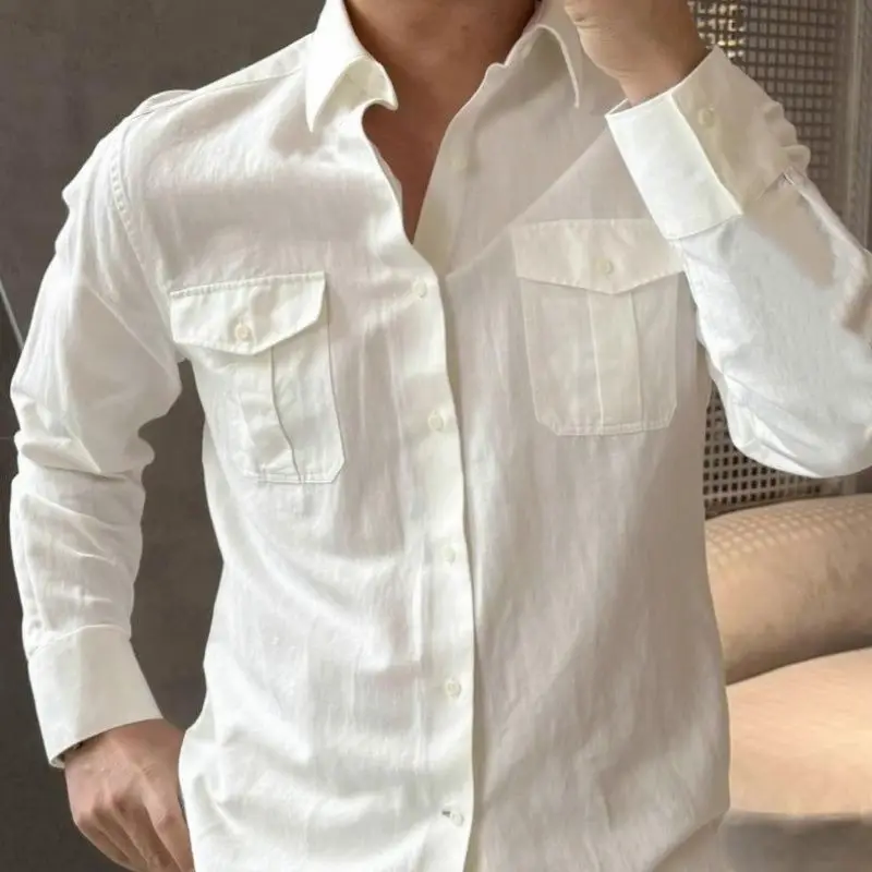 2026 Men Solid Color Long Sleeve Shirt Dual Pocket Slim Fit Premium Casual