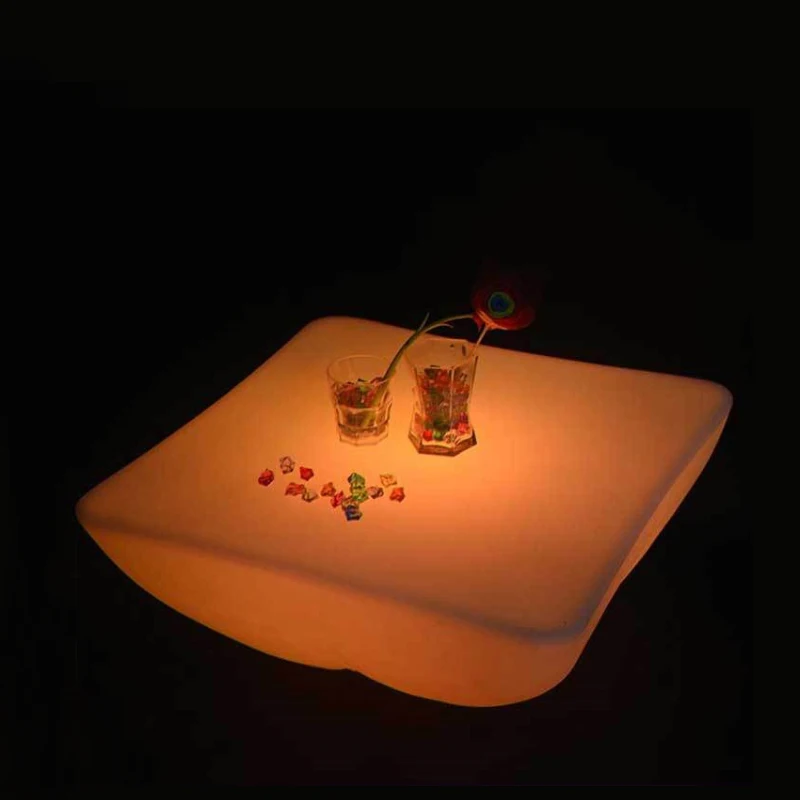 REAQ LED Lighted Square Bar Table  60*60*25cm For Home Patio Atmosphere Rechargeable Furniture Connect To SS Table Leg Riq-T60