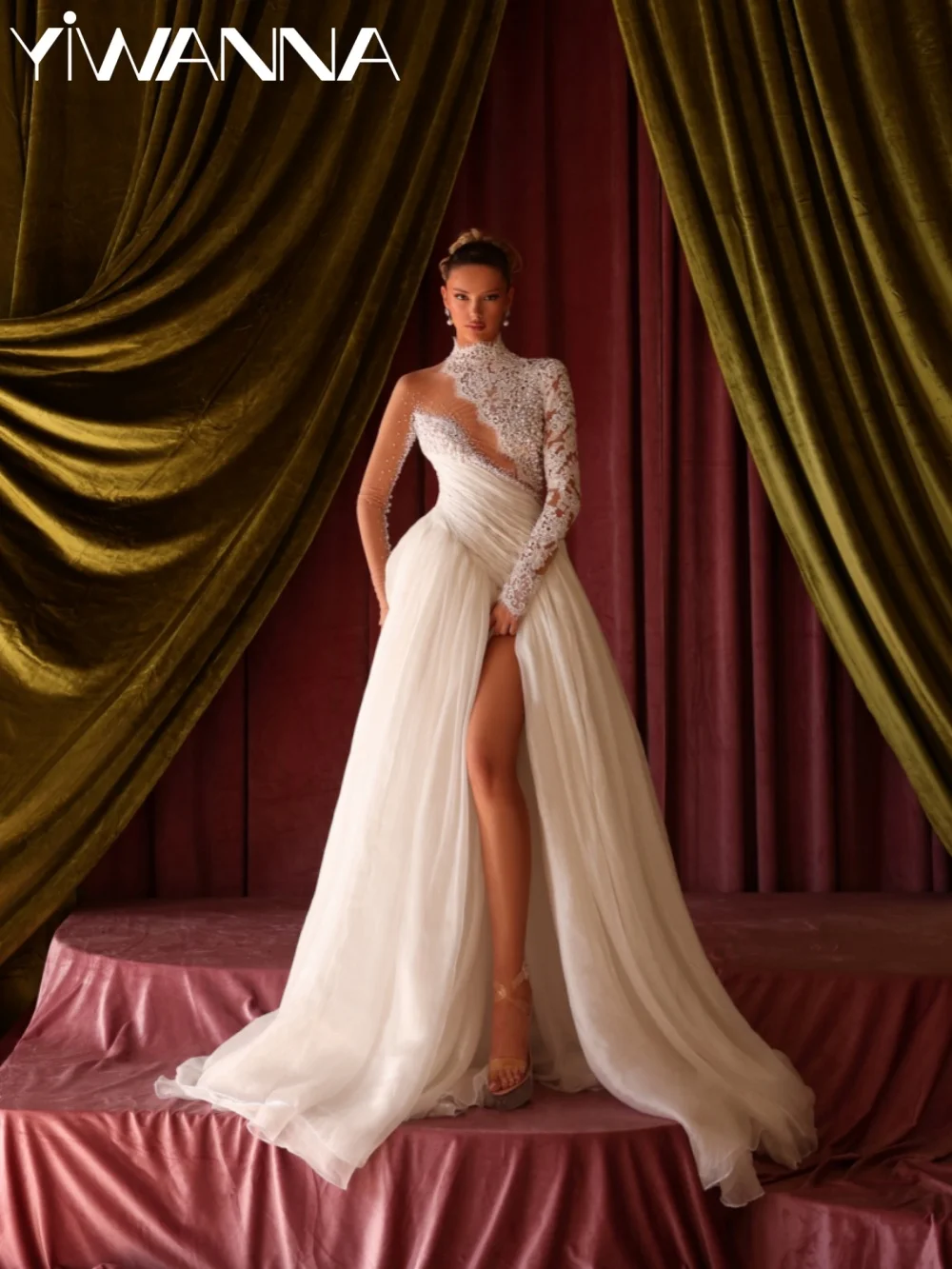 Pleated Lace Pearls Long Wedding Dress Dreamy High Collar Bridal Gown Customized Charming A-line Dresses For Bride