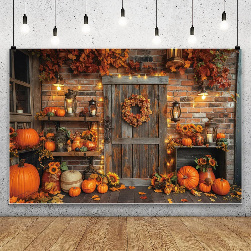 Autumn Thanksgiving Photography Backdrop Fall Barn Wooden Door Harvest Background Pumpkin Baby Shower Portrait Photographic Prop