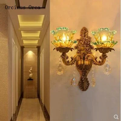 

Gold Bronze European crystal wall lamp living room bedroom Bedside Lamp Retro romantic peacock blue wall lamp