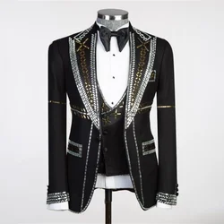 Shiny Silver Beaded Men Suits 3 Pieces Sets Male Dinner Prom Blazers Luxury Jacquard Groom Tuxedos Slim Fit Costume Homme