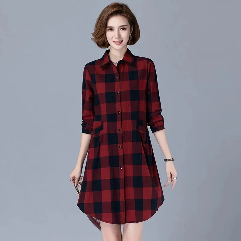 Cotton Long Plaid Shirt Women's Spring Autumn New Loose Shirt Fashion Long-Sleeved Coat Female Windbreaker Elegant Jacket Coat