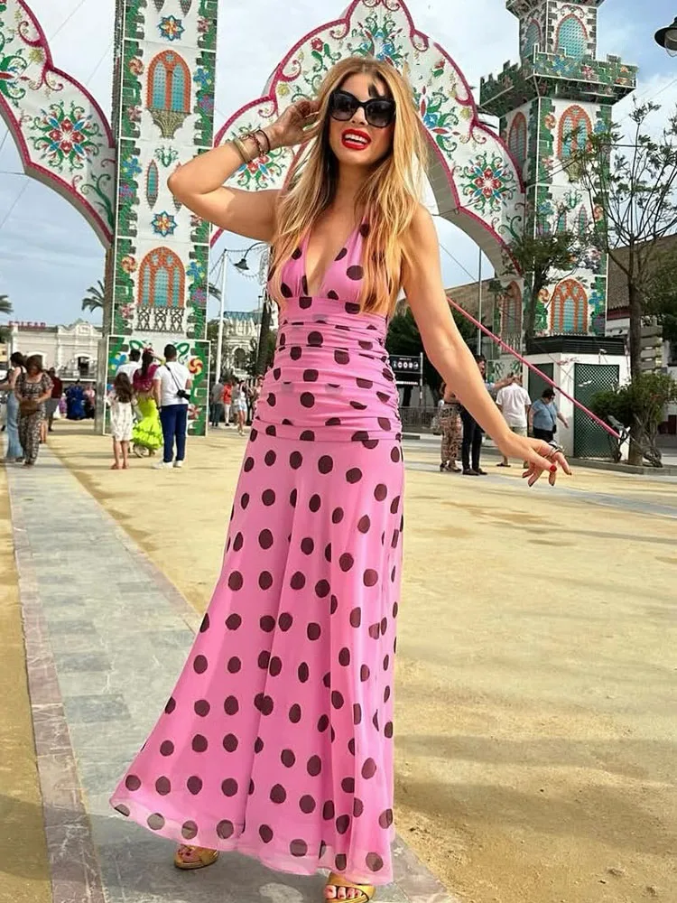 

HH Women Summer Fashion Halter Neck Sexy Backless Lace-up Polka Dot Long Dress Female Elegant Pleated Slim Sleeveless Dress