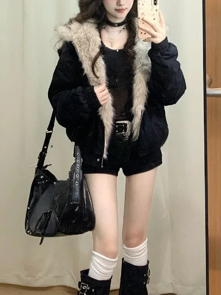 American Style Retro Hooded Jacket Winter Gothic Harajuku Fashion Black Coat Casual Outerwear Y2k Fur Collar  Parkas Woman Chic