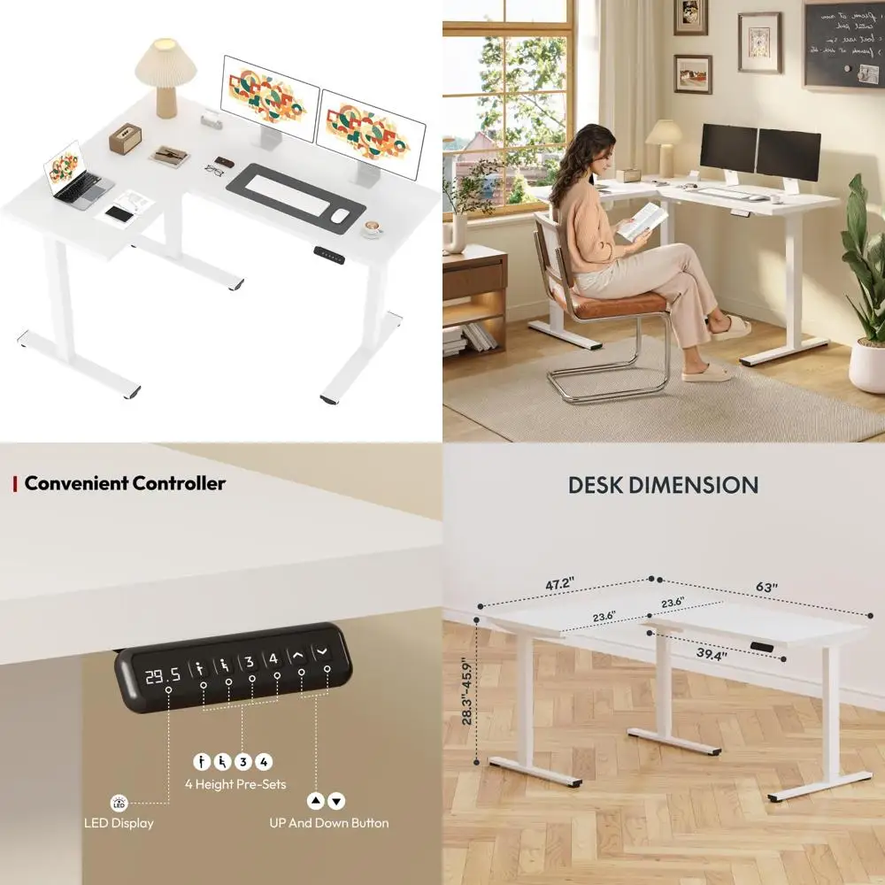 Mesa de canto elétrica em forma de L com altura ajustável, mesa de computador de suporte para sentar 63 x 48 com layout espaçoso para uso em escritório doméstico