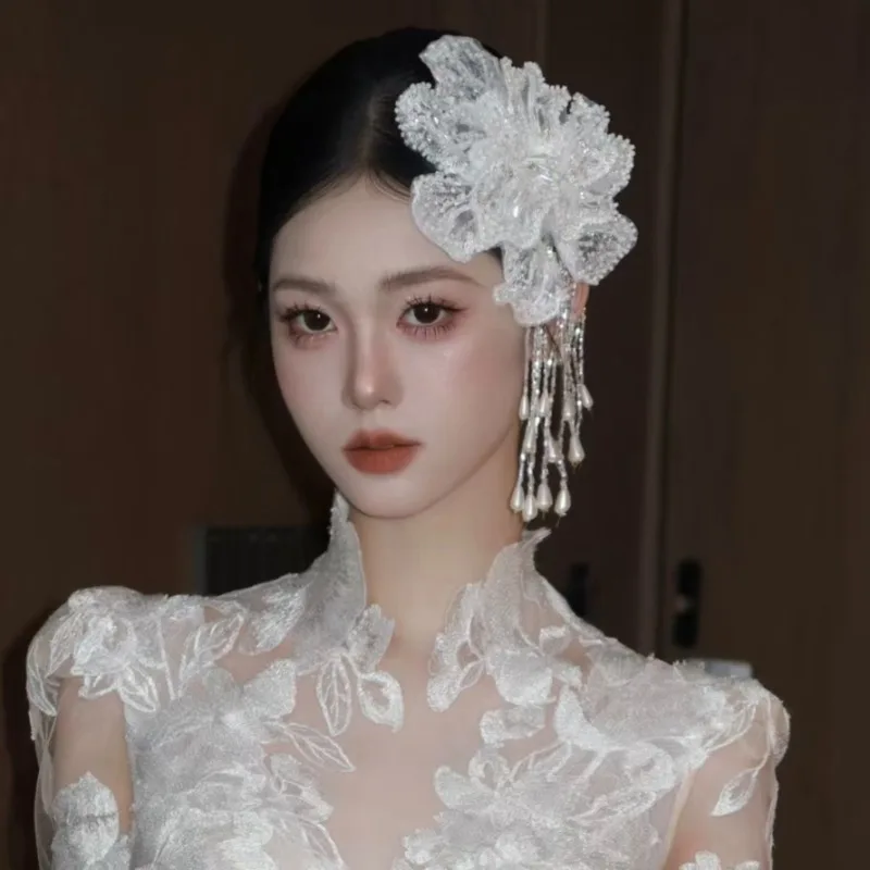 الفرنسية الرجعية الصناعة الثقيلة المطرزة الدانتيل زهرة شرابة مشبك شعر غطاء الرأس