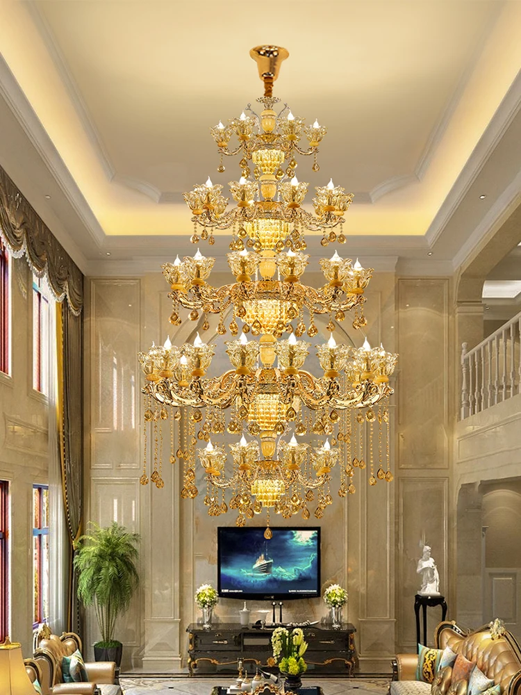 Villa duplex living room chandelier stair lift aerial jump floor hall loft building middle floor long European crystal lamps