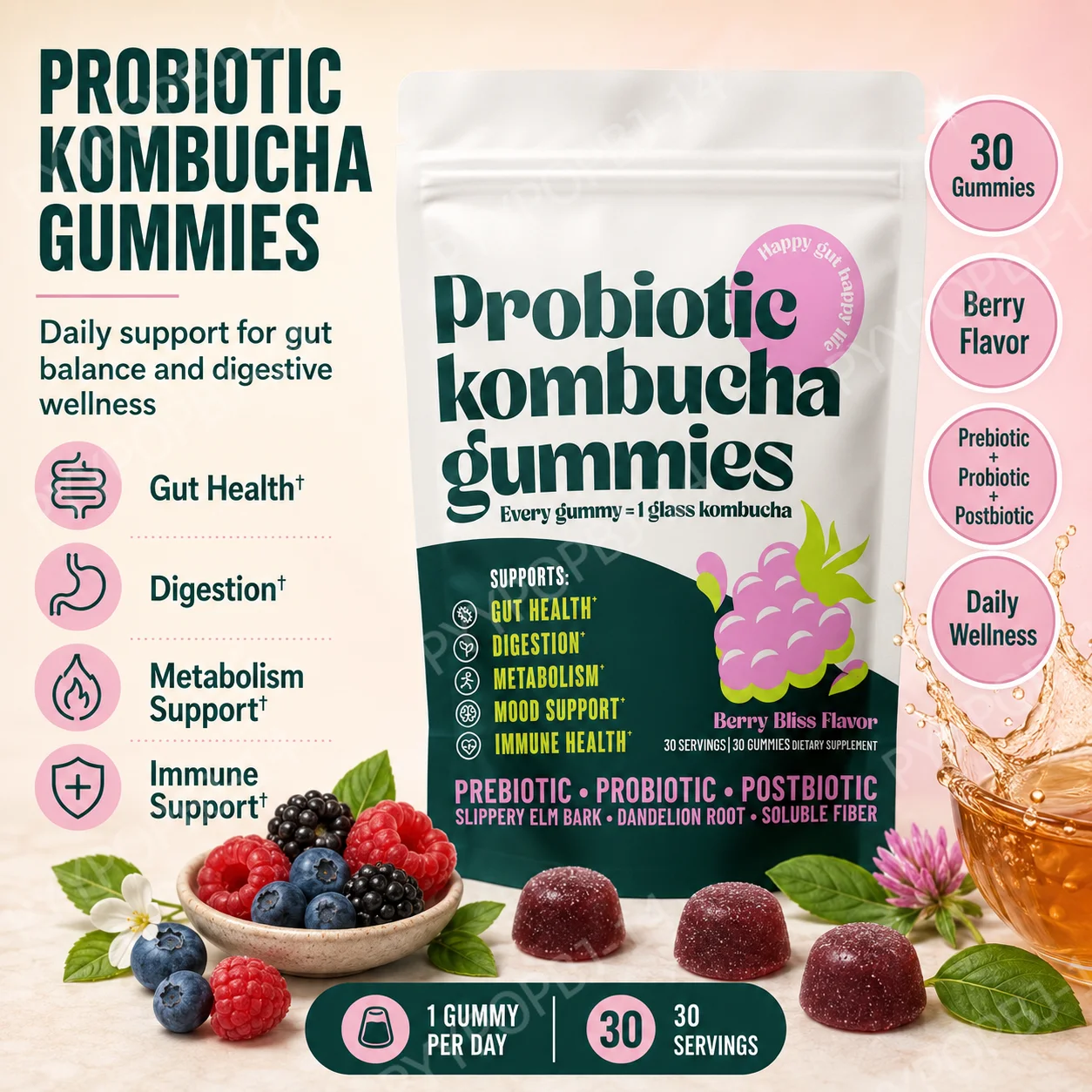 Gomitas de Kombucha Probióticas con Prebióticos y Postbióticos para el Bienestar Diario, 30 Gomitas