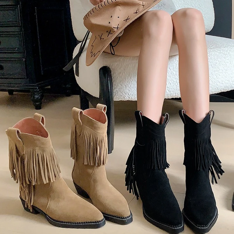 

2024 Autumn Woman Fashion Boots,Solid Retro Tassel Ankle Boots For Big Kids Girls,Kids Princess Party Fashion Middle Calf Boots