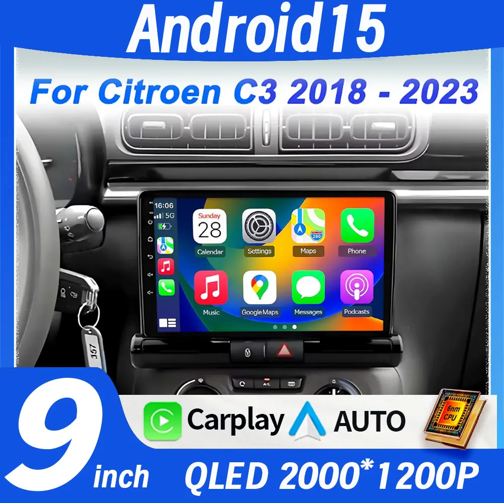 

Android 14 для Citroen C3 2018-2023 Автомобильный радиоприемник Мультимедийный плеер Навигация GPS Беспроводной Carplay 4G WIFI DSP Головное устройство Стерео